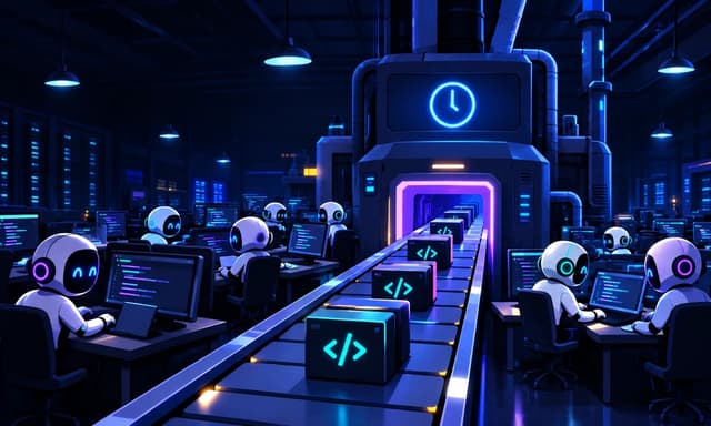 dark-factory: illustration of robots at desks writing code while a conveyor belt carries code boxes into a factory with a glowing clock