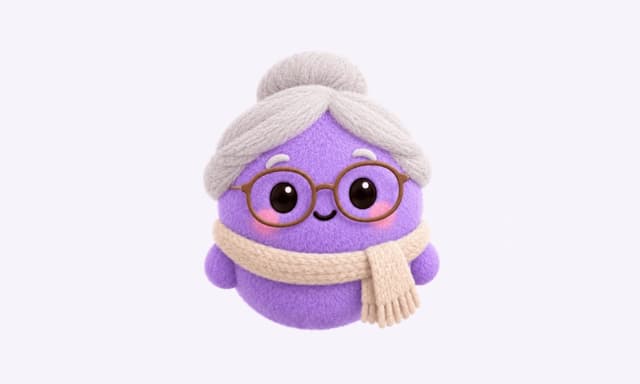 dottai, the mascot of the reviewer: a purple felted character with grey hair in a bun, round glasses and a beige scarf