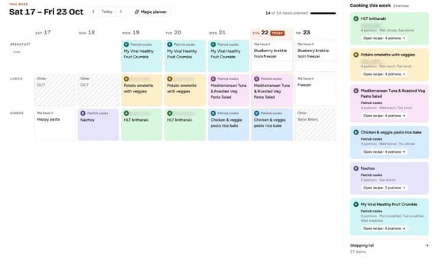Menu Mind weekly planner: a week of breakfasts, lunches and dinners colour-coded by batch, with a Cooking this week panel and a shopping list